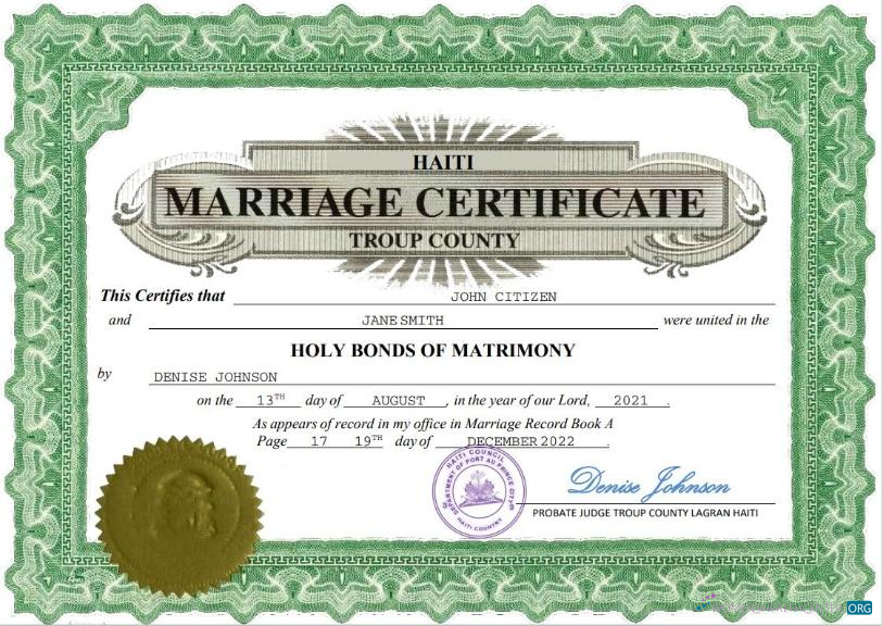 Download Haiti marriage certificate Word and PDF template Photoshop template